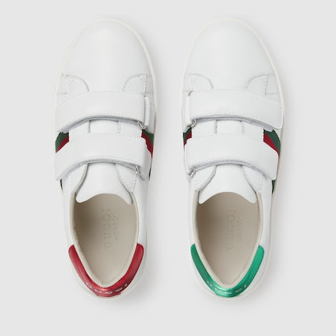 Children's Ace Sneaker White Leather Velcro With Green & Red Web