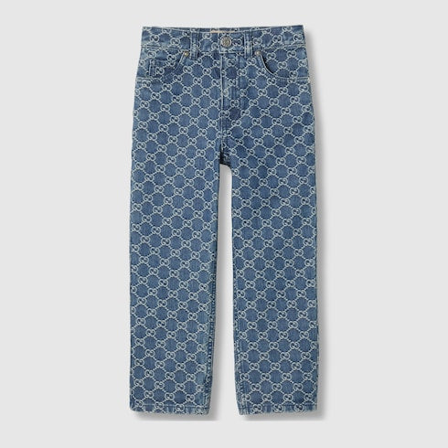 Children's GG denim jacquard pants - blue and ivory