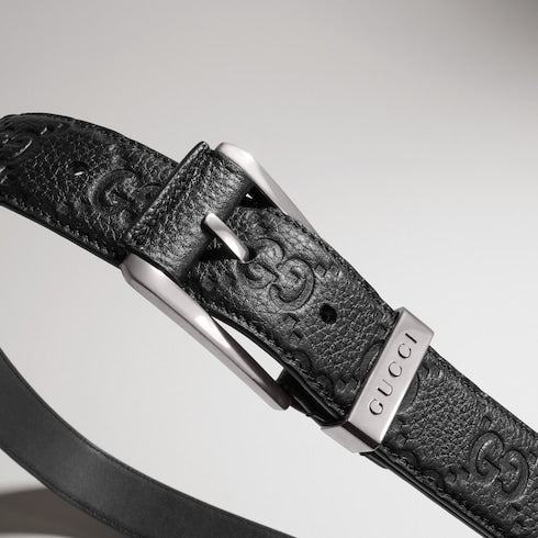 Embossed GG belt with squared buckle - black