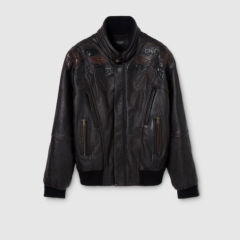 Leather with aged effect bomber jacket - dark brown