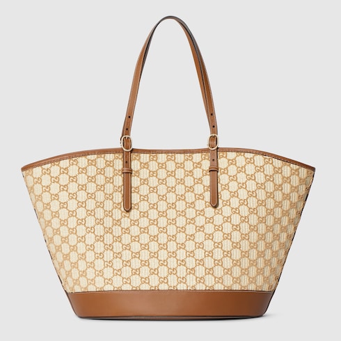 Woven large tote bag - natural and brown fabric
