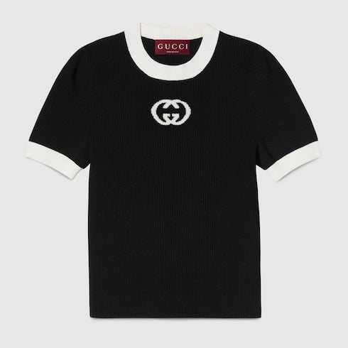 Ribbed T-shirt with intarsia - black