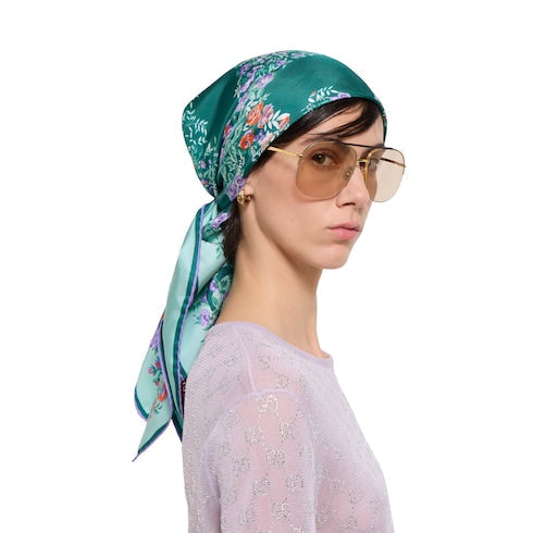 Printed silk twill carré - aquamarine and lilac