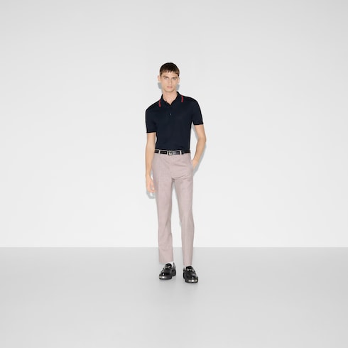 Wool knit polo shirt with Web - dark blue