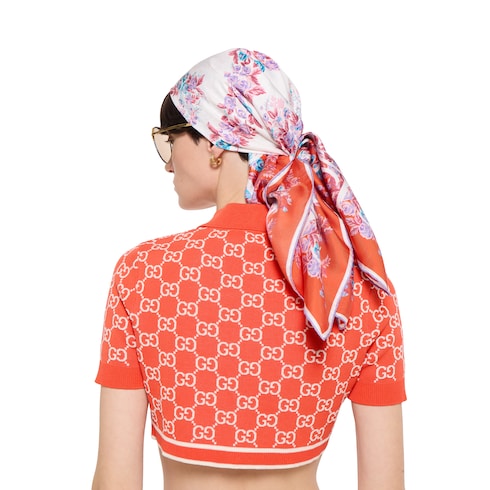Printed silk twill carré - orange and lilac