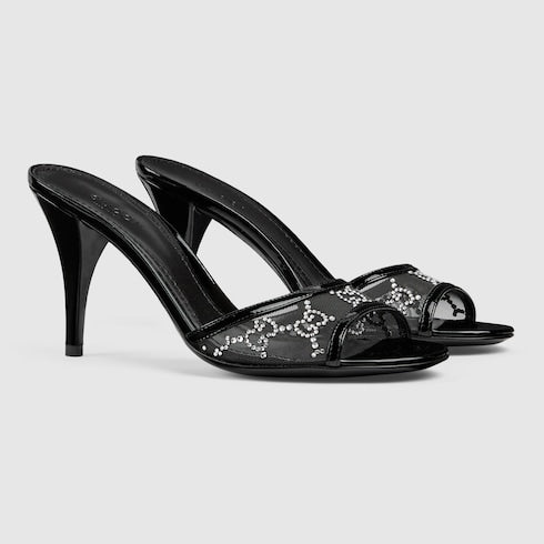 Women's crystal slide sandal - black GG crystal mesh