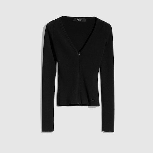 Rib viscose top zip cardigan - black