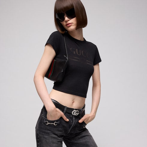 GG Marmont thin belt with crystals - black leather