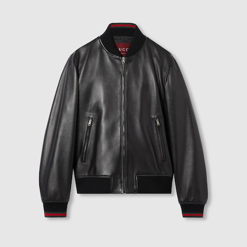 Leather bomber jacket with Web - black