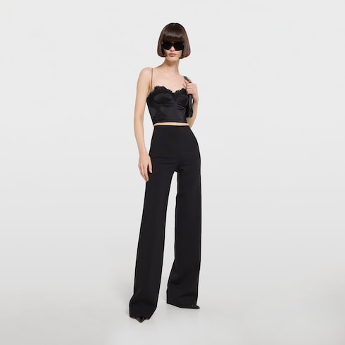 Embroidered silk satin top - black