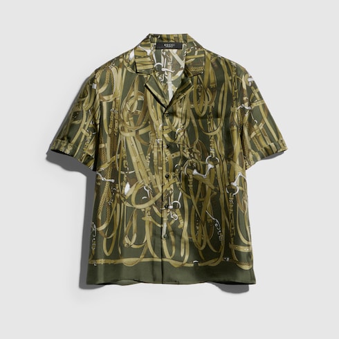 Printed silk bowling shirt - dark green and beige