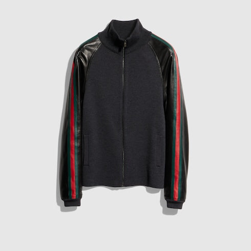 Fine rib wool zip jacket with Web - black