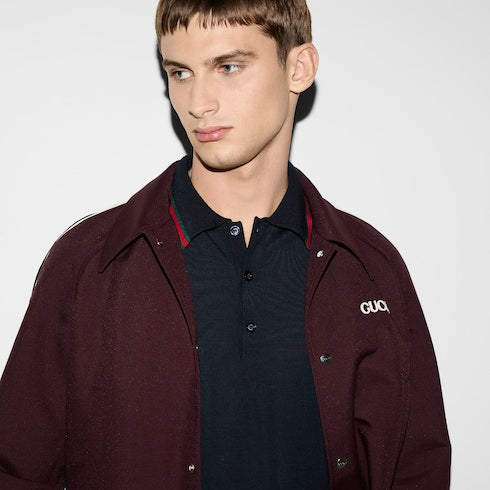 Wool knit polo shirt with Web - dark blue