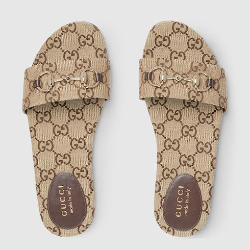 Women's slide sandal with Horsebit - beige and dark brown GG canvas