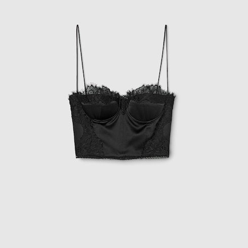 Embroidered silk satin top - black