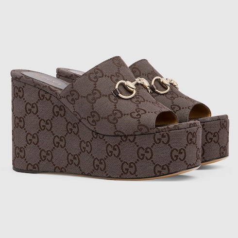 Women's wedge sandal with Horsebit - dark brown GG canvas