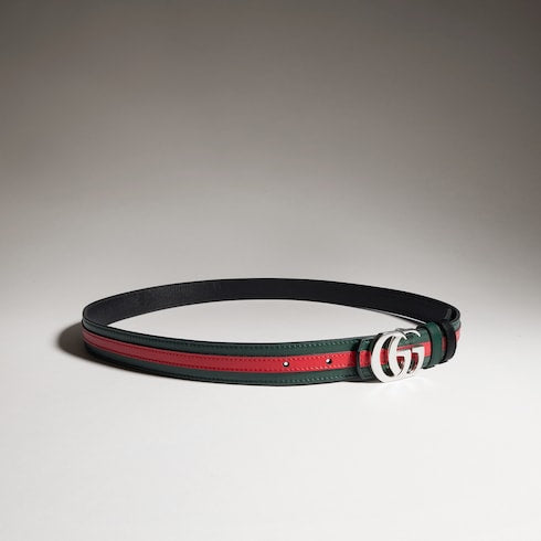 Reversible thin belt with Double G buckle - green, red and black leather