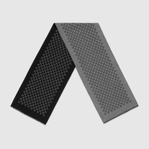 Dark Grey / Black Wool Double Jacquard GG Scarf - Dark Grey / Black Wool