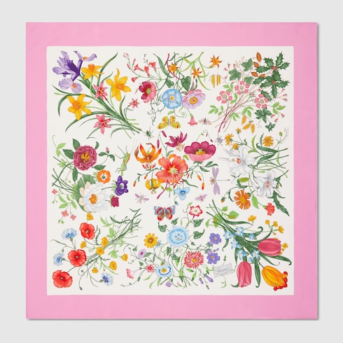 Printed Flora silk twill carré - pink and multicolor