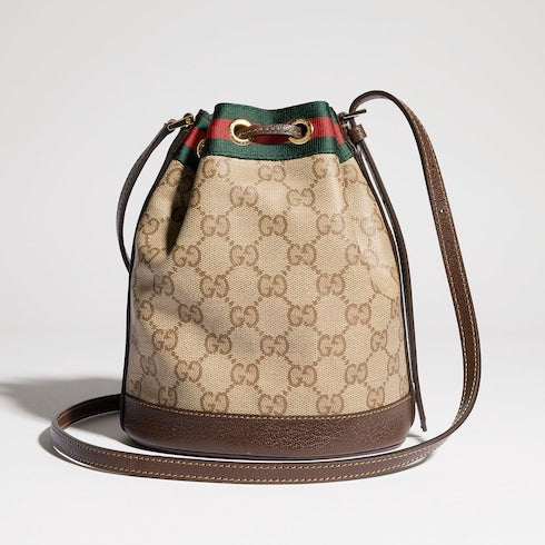 Mini bucket bag with Web - sand and brown GG canvas