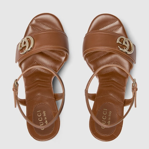 Women's platform sandal with Double G - brown leather