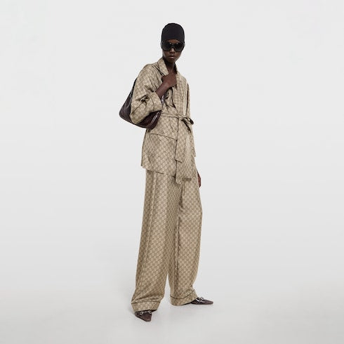 Printed silk twill leisure pants - beige and dark brown