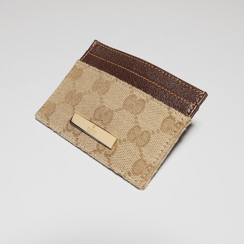 Card case with Gucci plaque - sand and brown GG canvas