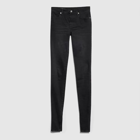 Washed cotton denim skinny pants - black