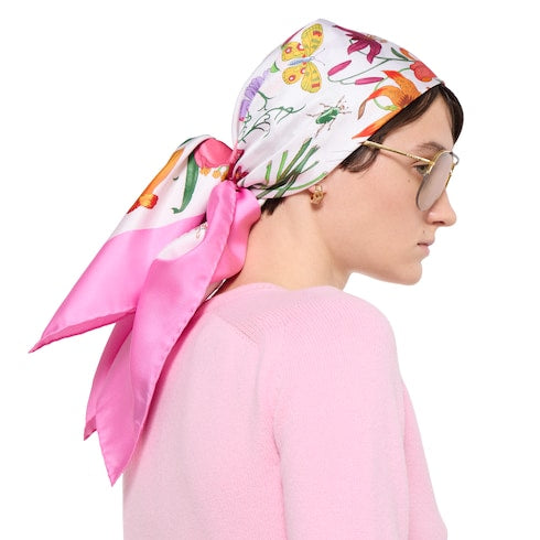 Printed Flora silk twill carré - pink and multicolor