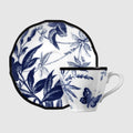 Herbarium coffee cup and saucer, set of two - blue and white porcelain