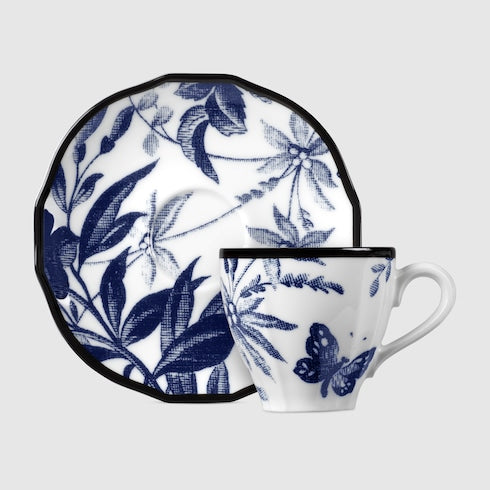 Herbarium coffee cup and saucer, set of two - blue and white porcelain