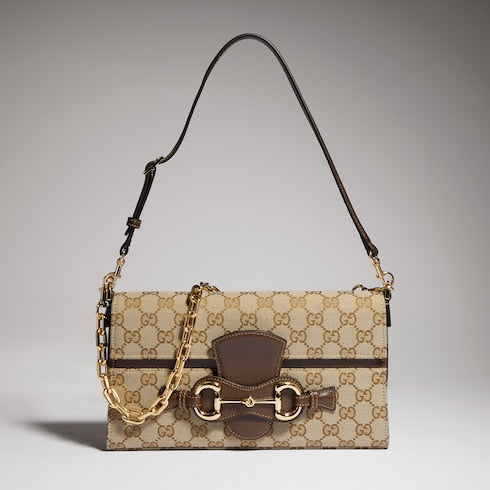 Horsebit Ristretto medium shoulder bag - sand and brown GG canvas