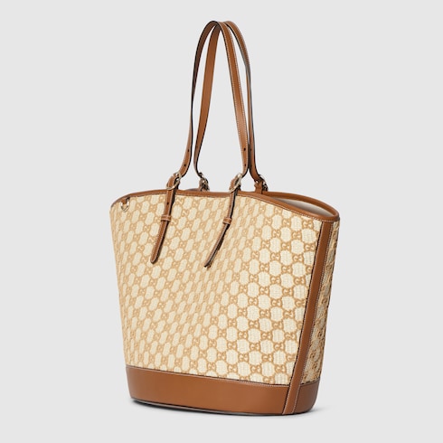 Woven large tote bag - natural and brown fabric