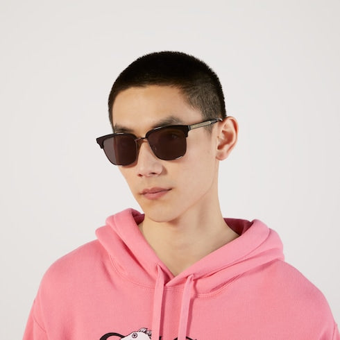 Shiny Black Ruthenium Metal Rectangular-Frame Sunglasses - Shiny Black Ruthenium Metal