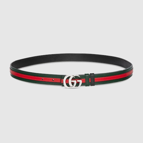 Reversible thin belt with Double G buckle - green, red and black leather