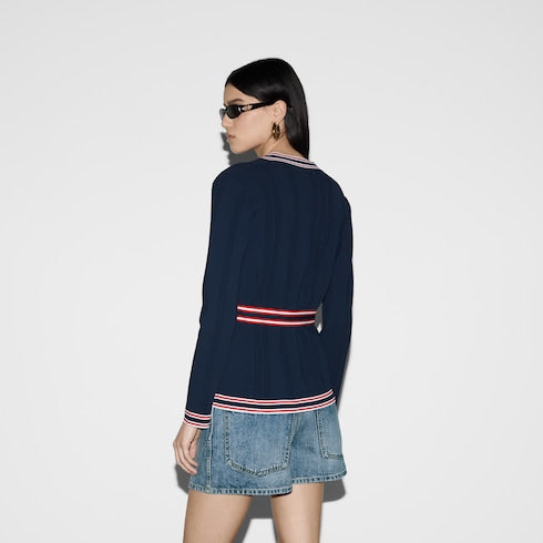 Self-tie cardigan with striped trim - dark blue