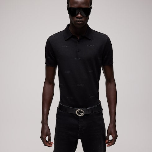 Wool silk Gucci jacquard polo shirt - black
