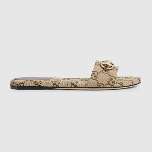 Women's slide sandal with Horsebit - beige and dark brown GG canvas