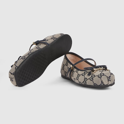 Children's ballet flat with Horsebit - beige and blue GG canvas