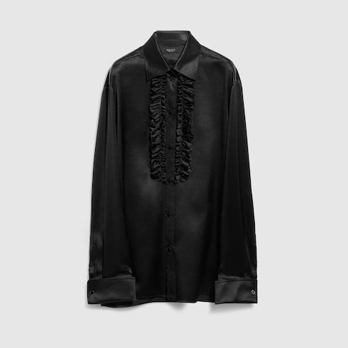 Silk satin shirt with rouches - black