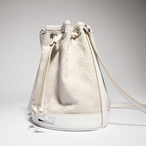 Mini bucket bag with Gucci plaque - ivory GG canvas