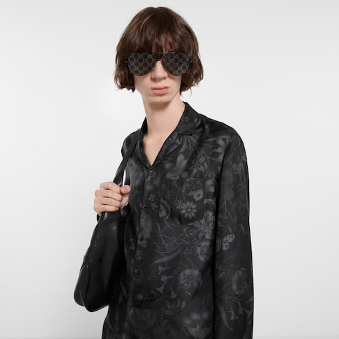 Printed silk twill bowling shirt - black and grey