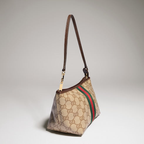 Small pouch with strap and Web - sand and brown GG canvas