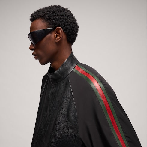 Leather bomber jacket with Web - black