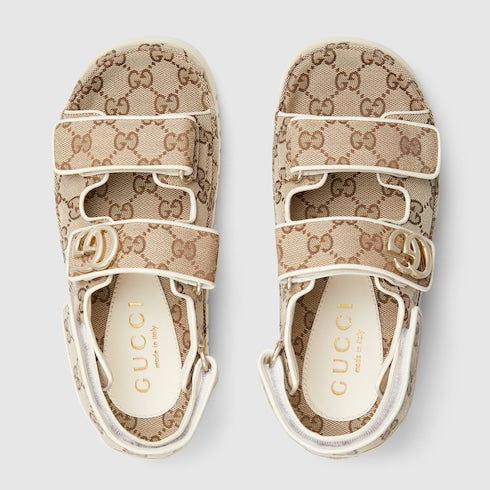 Women's sandal with Double G - beige and dark brown GG canvas