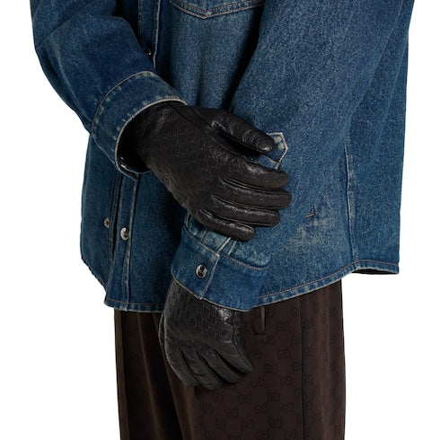 Embossed GG leather gloves - black