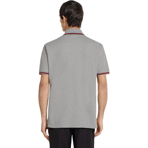 Cotton piquet polo shirt with embroidery - grey mélange