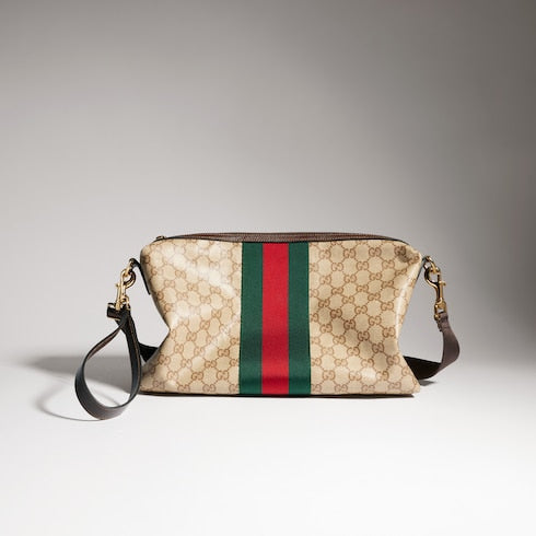 Medium GG crossbody bag with Web - sand and brown GG canvas