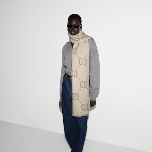 GG jacquard wool silk scarf - ivory and beige