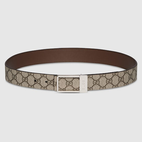 Reversible belt with rectangular buckle - beige GG Supreme and brown leather